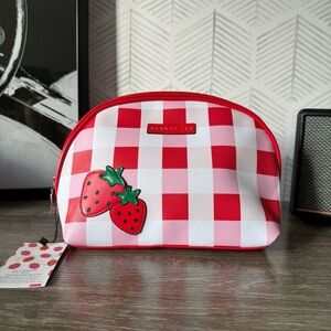 Dabney Lee Red and White Checkered Cosmetics Bag with Strawberry Patch
